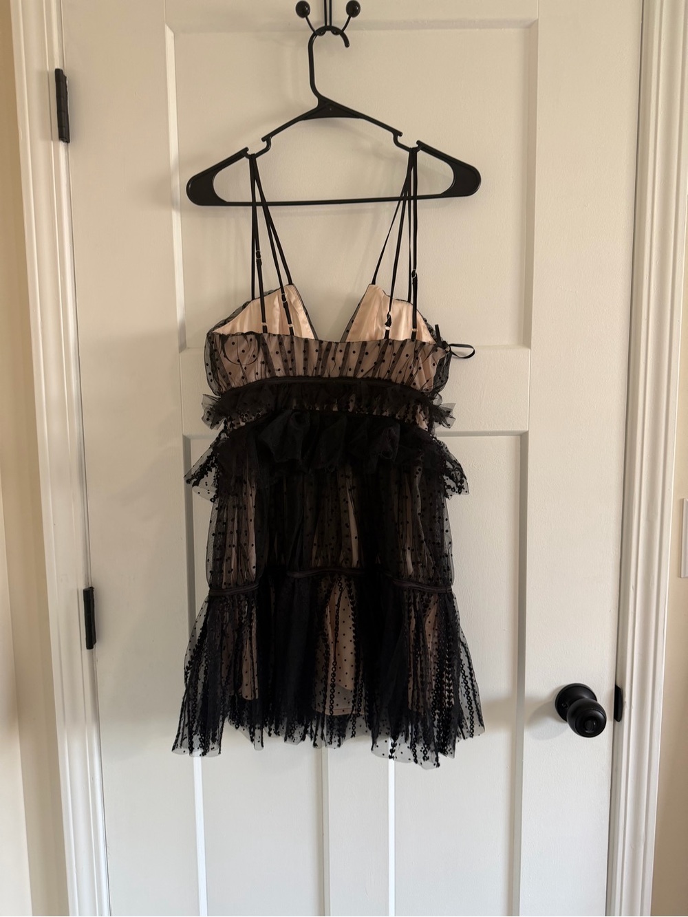 NWT Hello Molly Black Sheer Tulle Polka Dot Tiered Lace Mini Dress Size 4 - Picture 6 of 6
